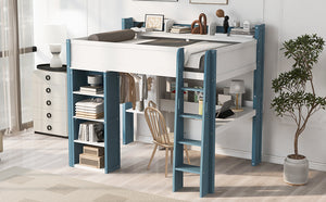 English Elm Full Size Wood Loft Bed With Desk, Storage Shelves & Clothes Rails - Modern Space-Saving Design N7090005007C