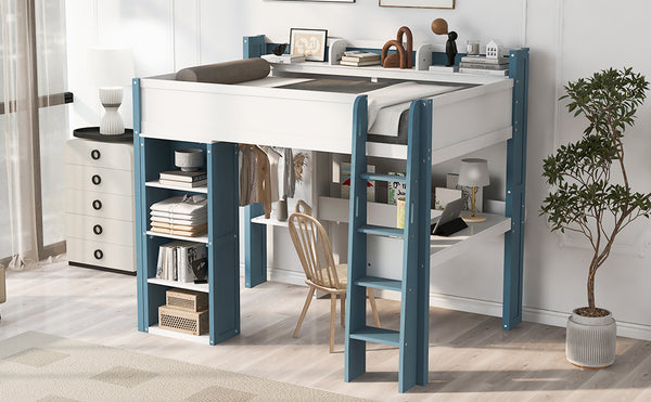 English Elm Full Size Wood Loft Bed With Desk, Storage Shelves & Clothes Rails - Modern Space-Saving Design N7090005007C