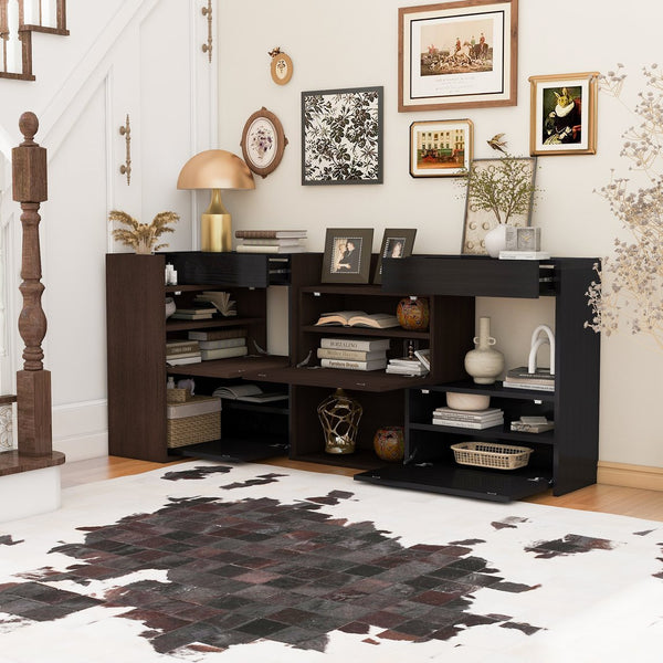 English Elm Set of 2 Extendable Rotating Storage Cabinets 32.5"-58.8" W, Black & Walnut Modern Buffet Sideboard SN845P261744D