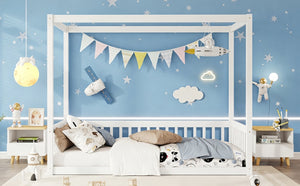English Elm Twin Canopy Floor Bed Rubberwood Frame with Fence Guardrails for Kids Bedroom White W504P351802