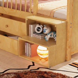 English Elm Low Twin Loft Bed with House-Style Headboard and Built-In LED Lights for Modern Kids' Rooms Natural 42.91 L x 28.35 W x 6.69 H W2593S00007
