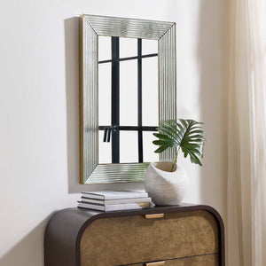 Uttermost Illuminate Rectangular Wall Mirror with Antique Brass Steel Frame and Ribbed Inlays