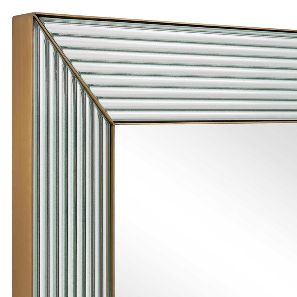 Uttermost Illuminate Rectangular Wall Mirror with Antique Brass Steel Frame and Ribbed Inlays