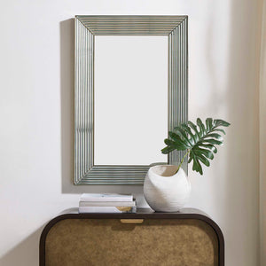 Uttermost Illuminate Rectangular Wall Mirror with Antique Brass Steel Frame and Ribbed Inlays