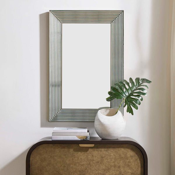 Uttermost Illuminate Rectangular Wall Mirror with Antique Brass Steel Frame and Ribbed Inlays