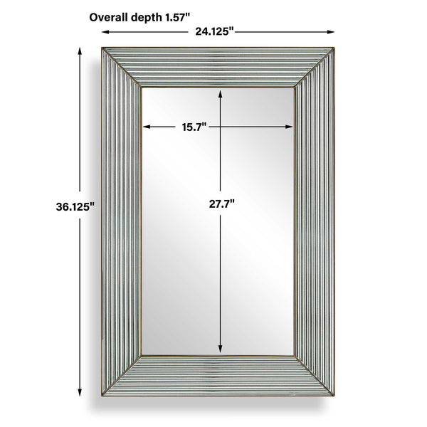 Uttermost Illuminate Rectangular Wall Mirror with Antique Brass Steel Frame and Ribbed Inlays
