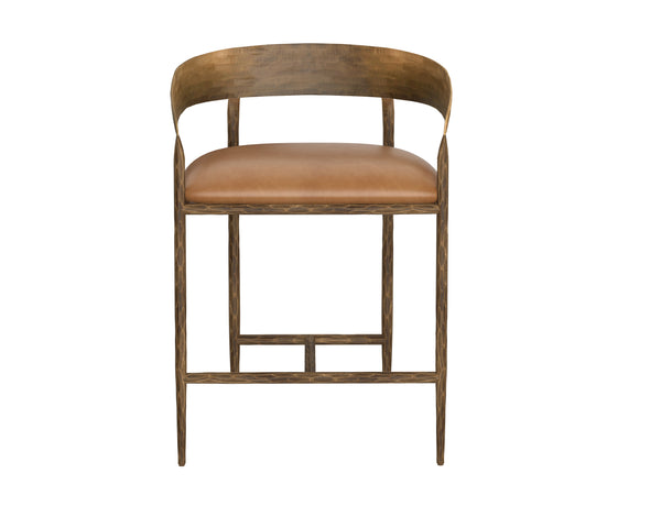Sunpan Zanatta Stylish Barstool with Antique Brass Frame and Unique Hammered Metal Detailing for Any Space Tan Leather