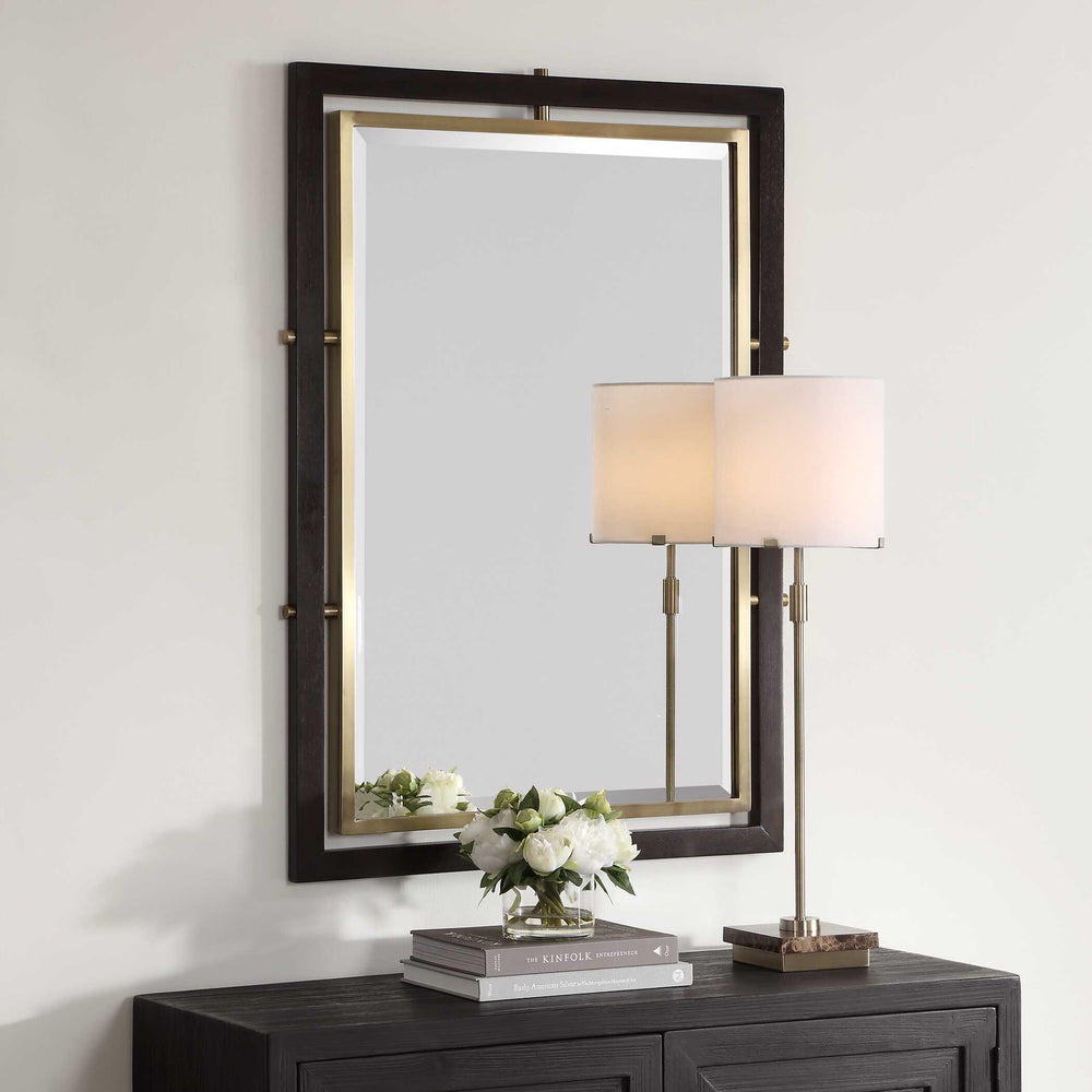 Uttermost Uttermost Walnut Wood Beveled Rectangle Mirror with Antique Brass Iron Trim 08336