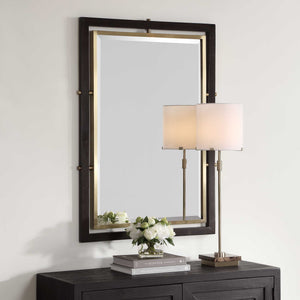 Uttermost Walnut Wood Beveled Rectangle Mirror with Antique Brass Iron Trim