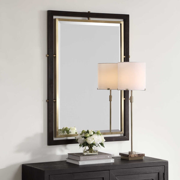 Uttermost Walnut Wood Beveled Rectangle Mirror with Antique Brass Iron Trim