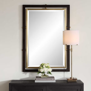 Uttermost Walnut Wood Beveled Rectangle Mirror with Antique Brass Iron Trim