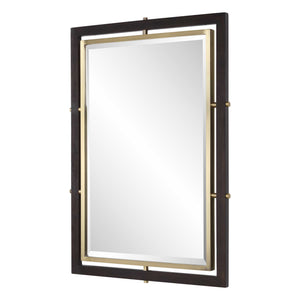 Uttermost Walnut Wood Beveled Rectangle Mirror with Antique Brass Iron Trim