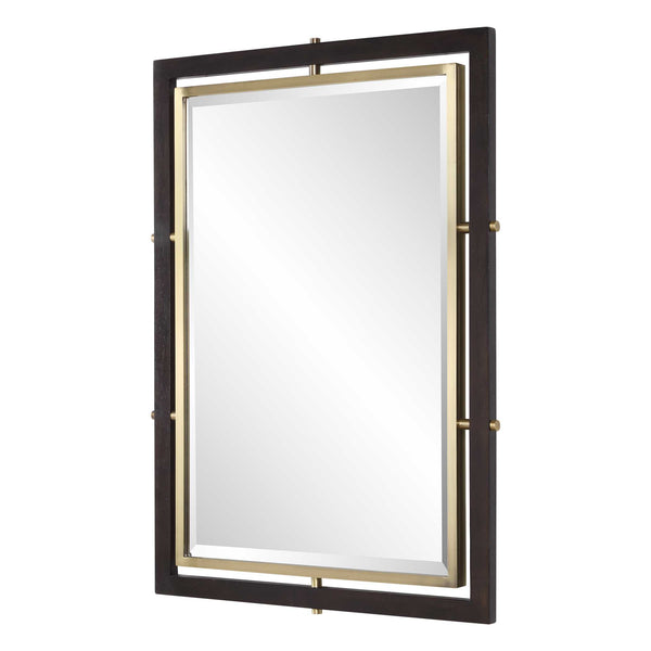 Uttermost Walnut Wood Beveled Rectangle Mirror with Antique Brass Iron Trim