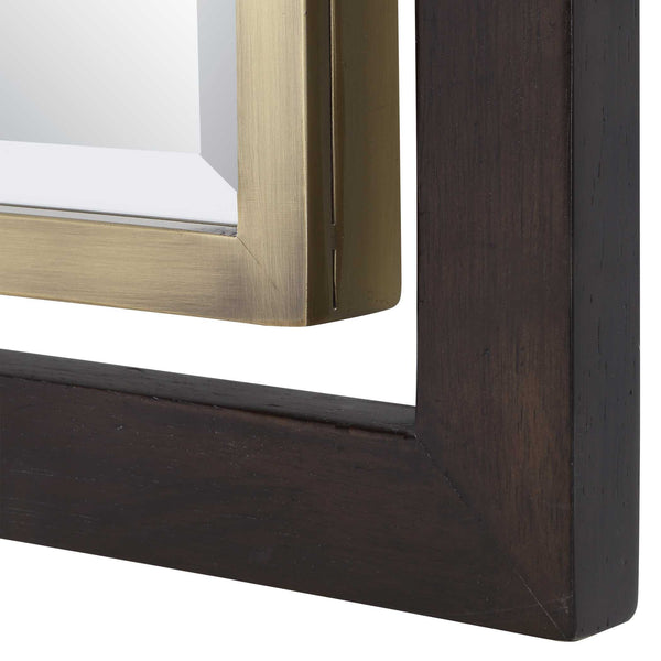 Uttermost Walnut Wood Beveled Rectangle Mirror with Antique Brass Iron Trim