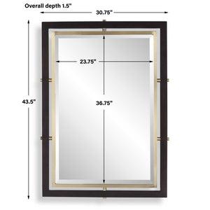 Uttermost Walnut Wood Beveled Rectangle Mirror with Antique Brass Iron Trim