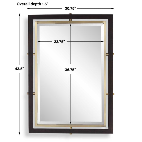 Uttermost Walnut Wood Beveled Rectangle Mirror with Antique Brass Iron Trim