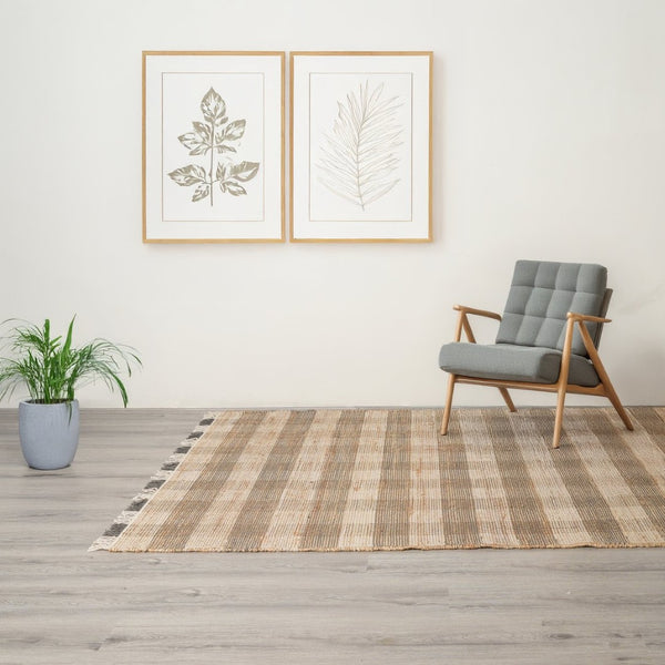 English Elm Area Rug Handwoven Jute Cotton Flatweave with Gray Plaid for Living Room or Bedroom B346P321261