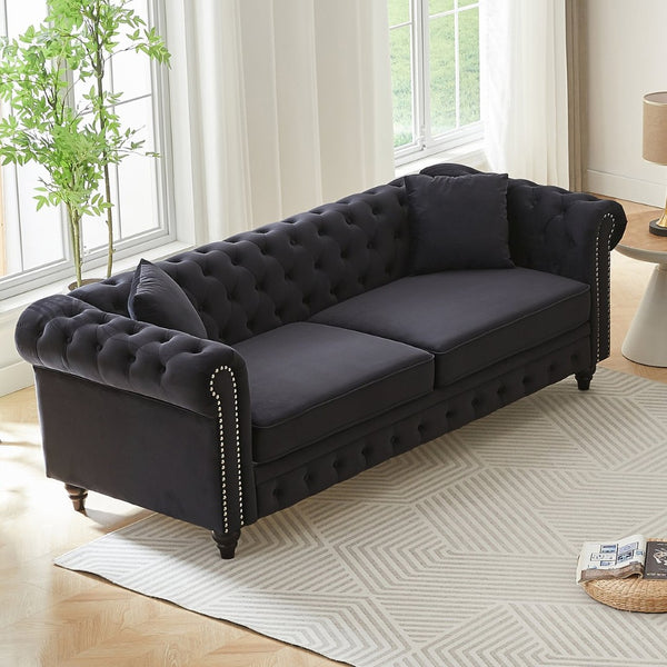 English Elm Fx Chesterfield Sofa Hand Tufted Tech Fabric Three Seat Living Room Couch Black W1926S00118