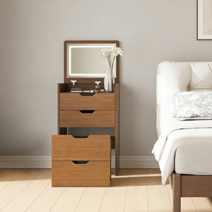 English Elm 3-in-1 Walnut Flip Top Vanity Desk with Led Mirror Stool Bedroom Dressing Table W2699P404631