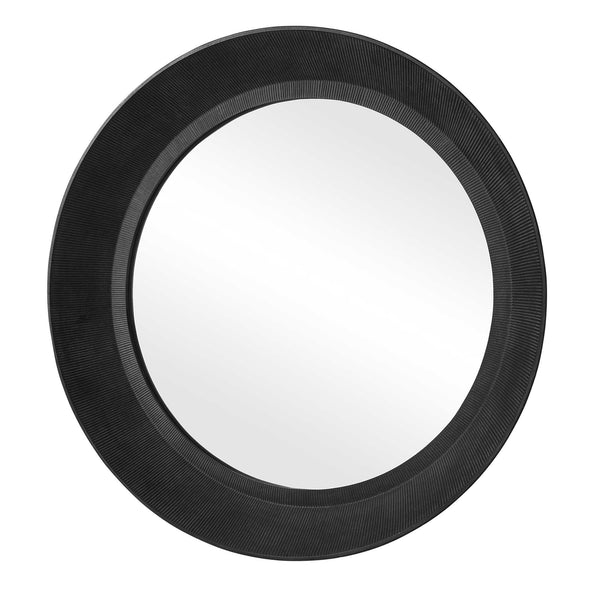 Uttermost Montgomery Cast Aluminum Round Wall Mirror with Sculptural Ridged Black Frame