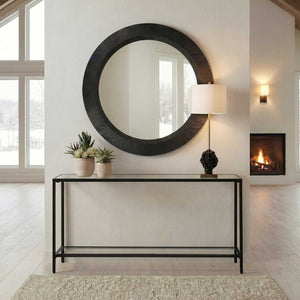 Uttermost Montgomery Cast Aluminum Round Wall Mirror with Sculptural Ridged Black Frame