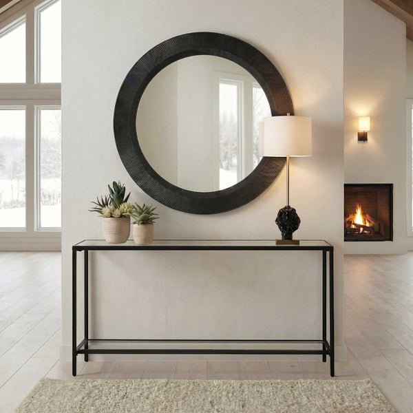 Uttermost Montgomery Cast Aluminum Round Wall Mirror with Sculptural Ridged Black Frame