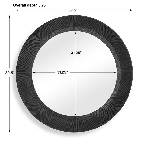 Uttermost Montgomery Cast Aluminum Round Wall Mirror with Sculptural Ridged Black Frame