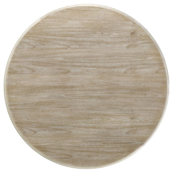 English Elm Rodota Round Pedestal Dining Set Whitewash Rubberwood Table Four Upholstered Chairs B062S01772