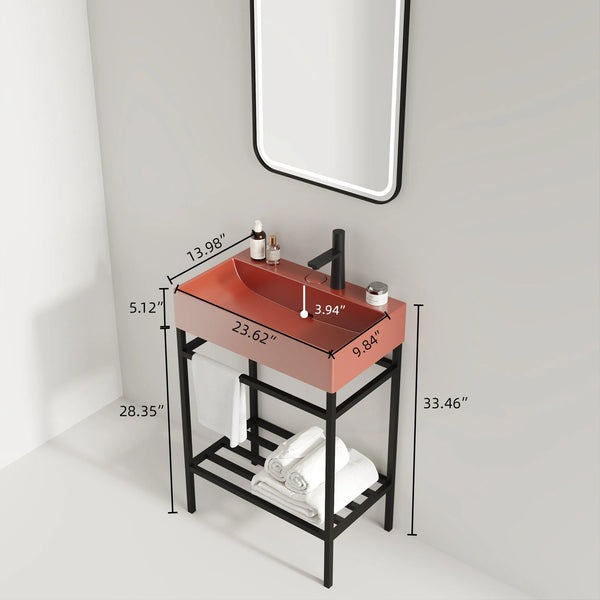 English Elm LOFI Ceramic Integrated Bathroom Vanity 24" with Rectangular Basin, Open Metal Shelf, Easy Clean Black+Red W2615S00062