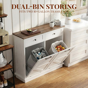 English Elm Double Tilt Out Trash Bin Cabinet with Drawers Odor Blocking Kitchen Laundry Storage Brown+Distressed White T5831P489225