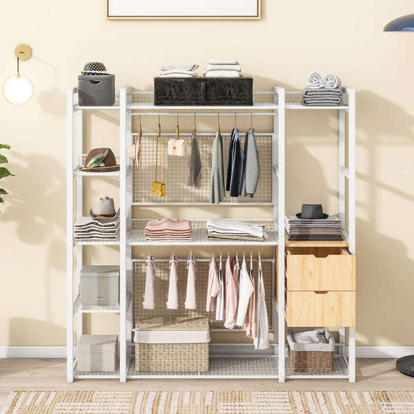 English Elm Open-Style Wardrobe Storage System with Heavy-Duty Metal Frame, Rails, Shelves & Drawers - Sleek Durable Design for Organized Living White SF000087AAK