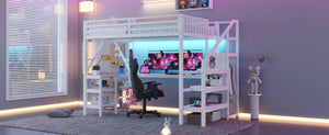English Elm Metal Full Loft Bed with L Shaped Desk Wardrobe Rgb Lighting and Usb Charging White W2593S00054
