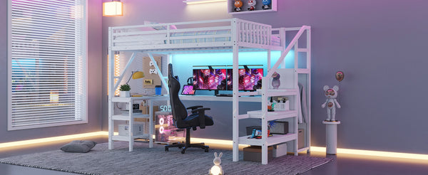 English Elm Metal Full Loft Bed with L Shaped Desk Wardrobe Rgb Lighting and Usb Charging White W2593S00054