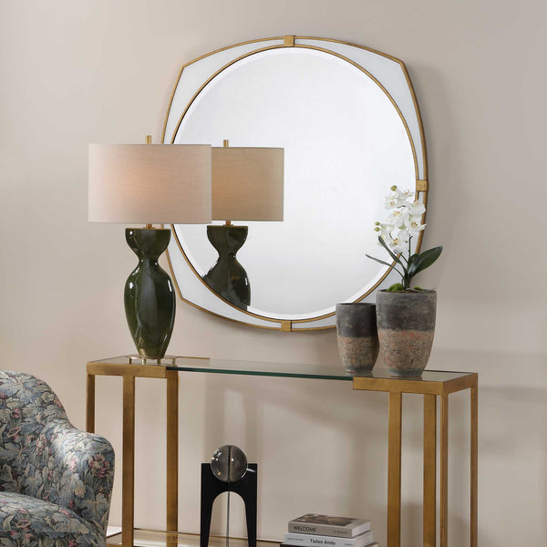 Uttermost Estella Antique Gold Geometric Round Wall Mirror with White Glass Inlays