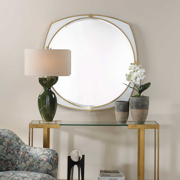 Uttermost Estella Antique Gold Geometric Round Wall Mirror with White Glass Inlays