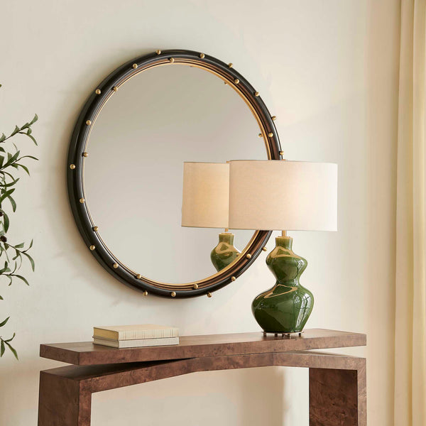 Uttermost Helia Round Wall Mirror Matte Black Frame Antique Gold Brass Stud Accents