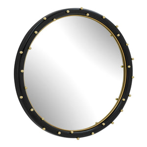 Uttermost Helia Round Wall Mirror Matte Black Frame Antique Gold Brass Stud Accents