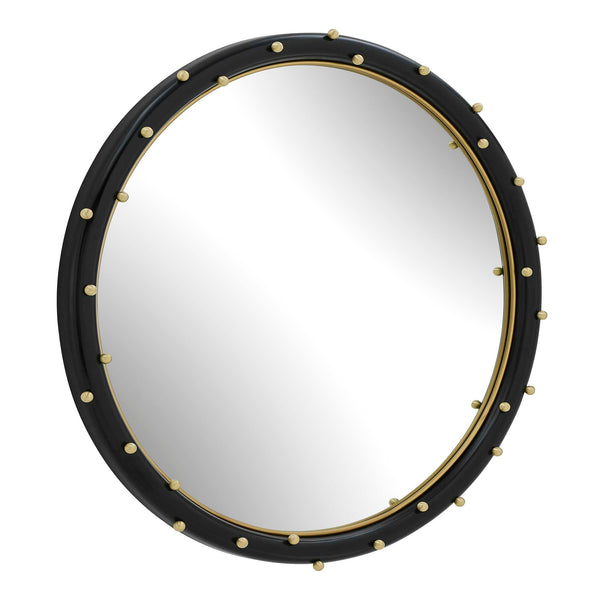 Uttermost Helia Round Wall Mirror Matte Black Frame Antique Gold Brass Stud Accents