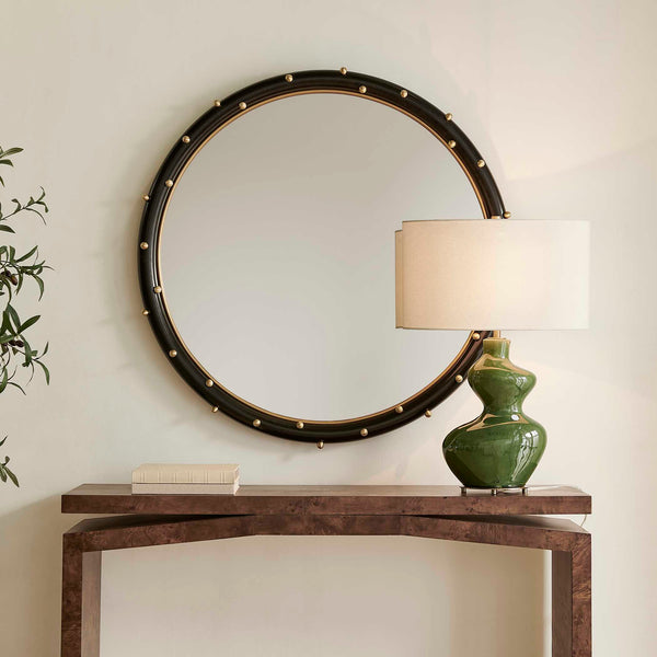 Uttermost Helia Round Wall Mirror Matte Black Frame Antique Gold Brass Stud Accents