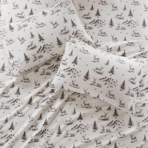 English Elm 4 Pcs King Sheet Set - Cozy Gray Deer Toile Flannel For Ultimate Comfort & Woodland Charm B035P319774