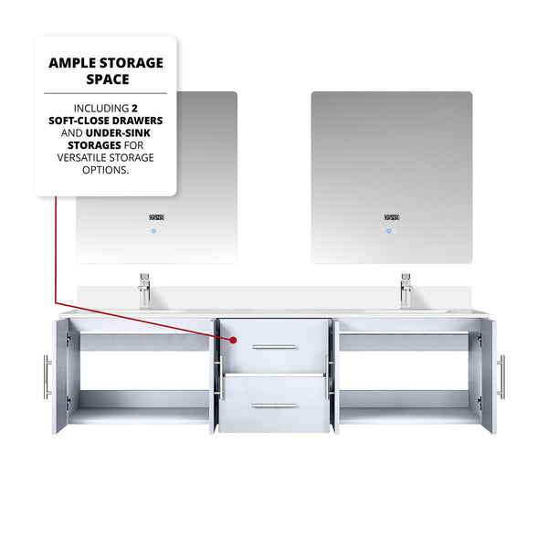 English Elm Glossy White Double Bath Vanity 72" W with Cultured Marble Top, Chrome Faucet, 30" LED Mirrors, Durable Finish B2731S01097