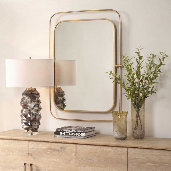 Uttermost Moreni Antique Brass Wall Mirror with Floating Double Frame Rounded Corners