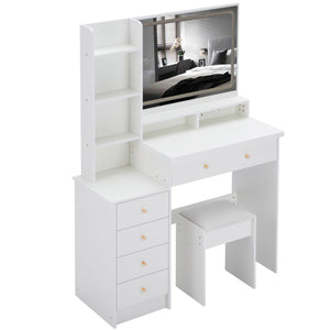 English Elm 41" Luxury Vanity Table Set With Stool, Integrated Power, Led Mirror & Hair Dryer Stand - Stylish Design W936P230832