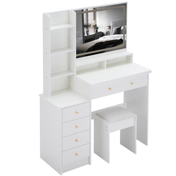 English Elm 41" Luxury Vanity Table Set With Stool, Integrated Power, Led Mirror & Hair Dryer Stand - Stylish Design W936P230832