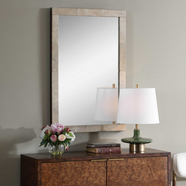 Uttermost Travertine Stone Rectangular Wall Mirror with Golden Bronze Accent Band