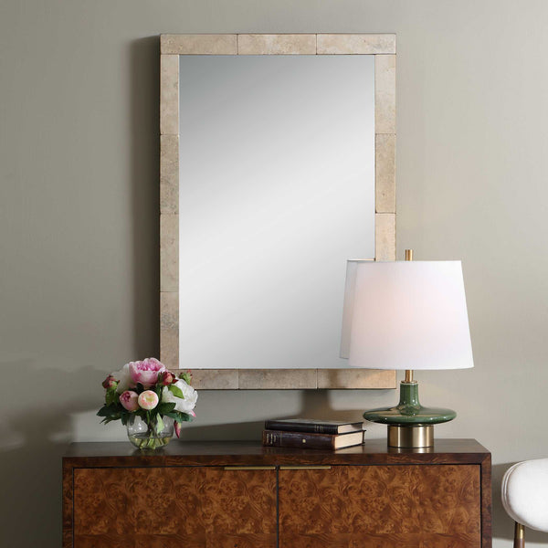 Uttermost Travertine Stone Rectangular Wall Mirror with Golden Bronze Accent Band