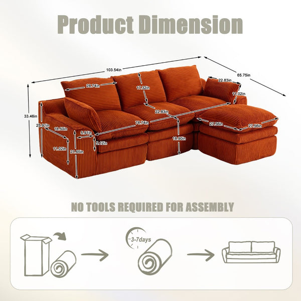 English Elm L Shaped Corduroy Modular Sectional with Cloud Cushions Footstool and Lumbar Pillows Orange W395S00137