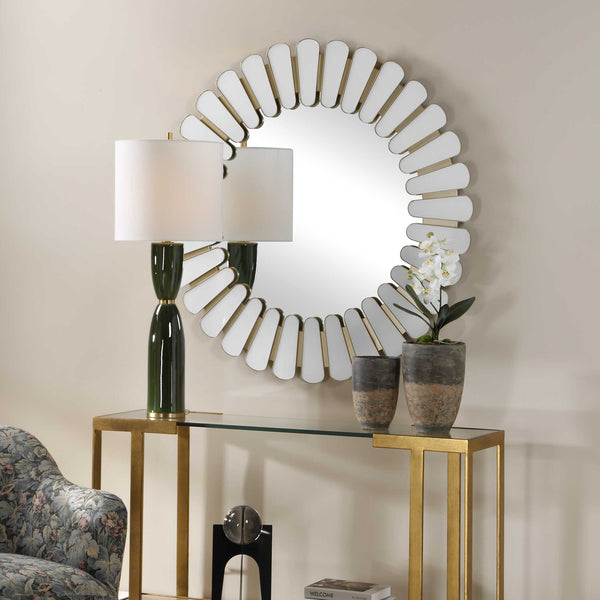 Uttermost Miran Antique Gold Sunburst Round Mirror with White Glass Accents