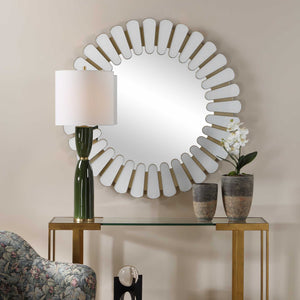 Uttermost Miran Antique Gold Sunburst Round Mirror with White Glass Accents