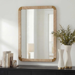 Uttermost Heinrich Reeded Alder Wood Wall Mirror with Antique Brass Iron Corners